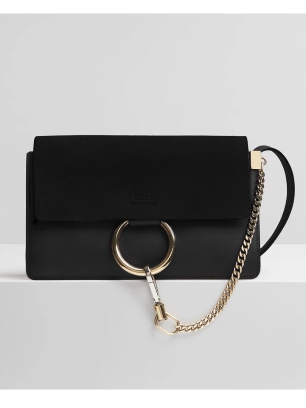 CHLOÈ Faye Small Crossbody Black Suede Leather Chain Details Sleek Shoulder Bag
